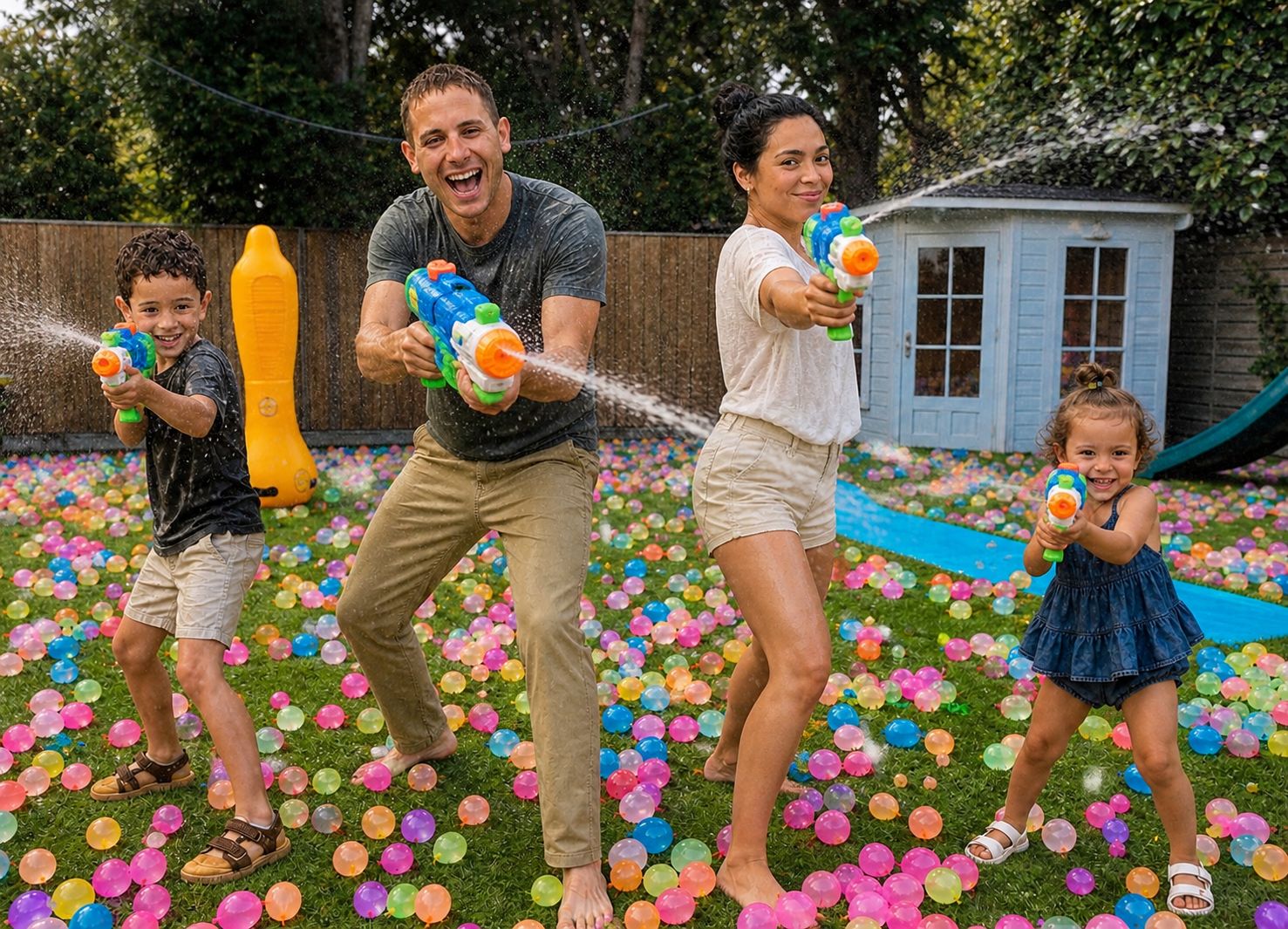 Same family laughing while spraying water guns in the same backyard